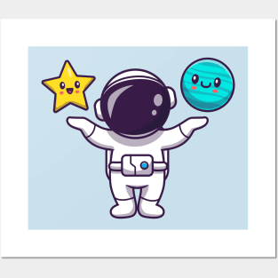 Cute Astronaut With Cute Star And Cute Planet Cartoon Posters and Art